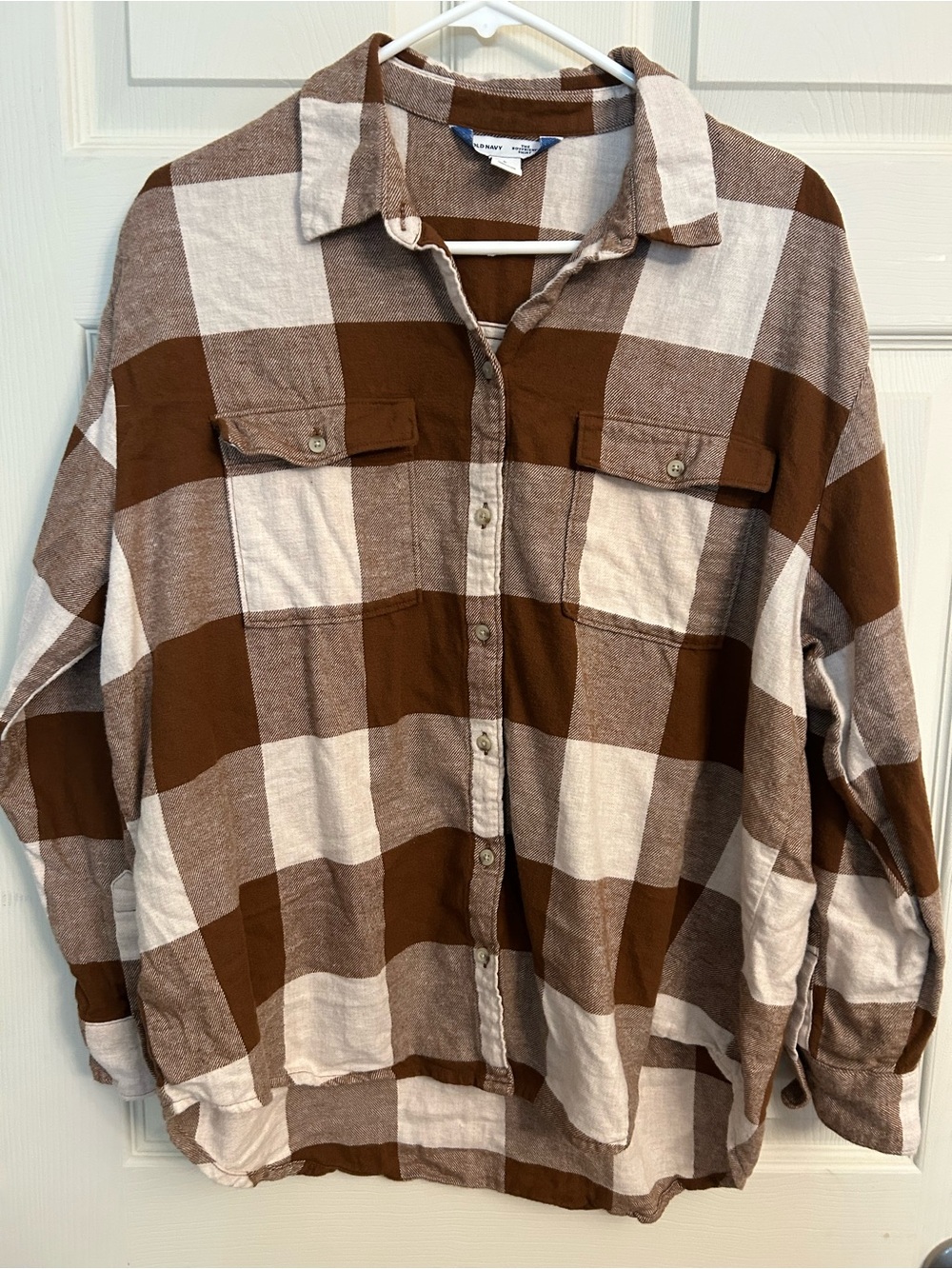 Unisex Flannel Old Navy Brown & Cream Plaid Button-Down Shirt
